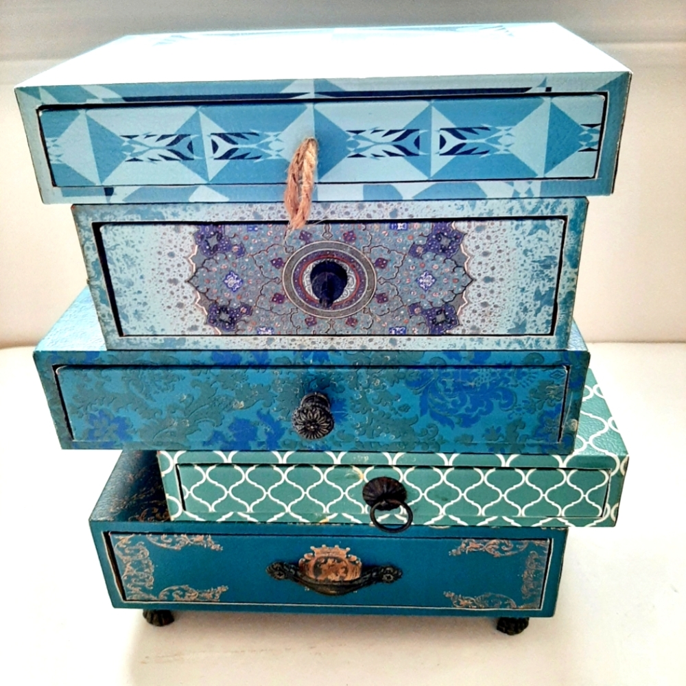 Blue Patterned Jewelry Organizer Box Stack - Multi-Drawer